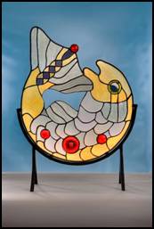 Salmon of Wisdom stained glass free standing panel by Jo Perez