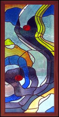 Deep Reflections stained glass panel by Jo Perez.  Leaded Blenko glass with rondels and starfire crystal bevels.